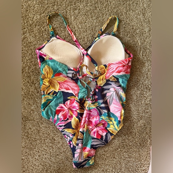 Kona Sol Pink and Yellow One Piece Swimsuit Vibrant Floral Design - Picture 2 of 2